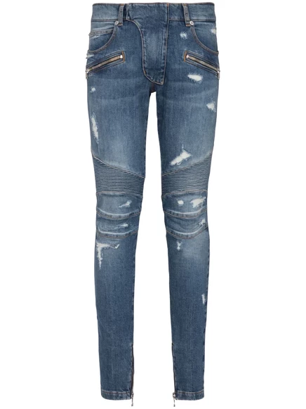 Потертые узкие джинсы Balmain с панелями blue