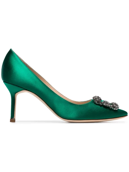 Атласные туфли-лодочки Manolo Blahnik Hangisi 70 мм с аппликацией green