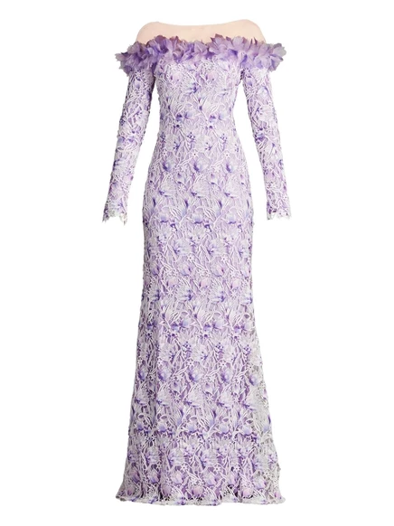 Кружевное платье с открытыми плечами Tadashi Shoji Liora в цветочек purple