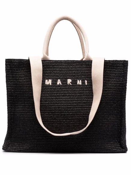 Сумка-тоут Marni из рафии с вышитым логотипом, черная