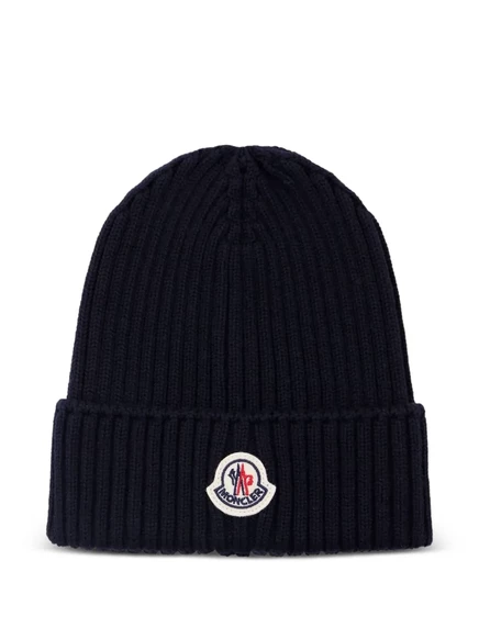 Детская шапка-бини Moncler Enfant ребристая с логотипом, темно-синяя