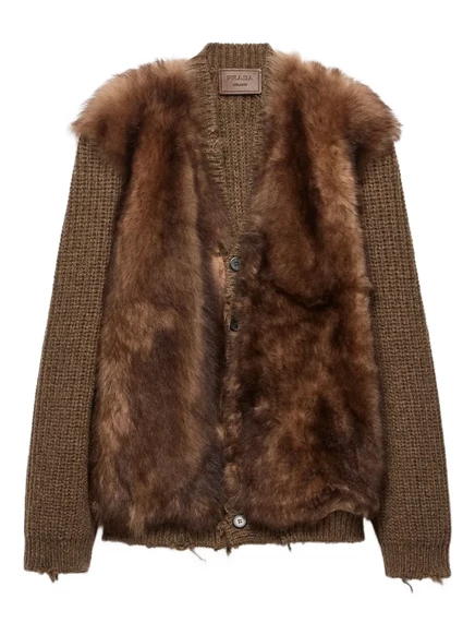 Шерстяной кардиган с отделкой из овечьей шерсти Prada brown