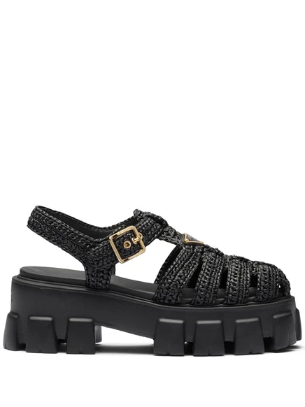 Босоножки из рафии на плоской подошве в клетку от Prada black