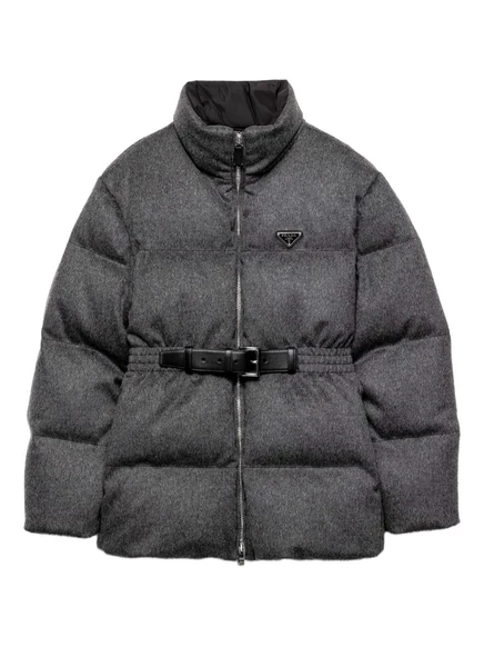 Женская пуховая куртка Prada Loden с кожаным поясом, серая