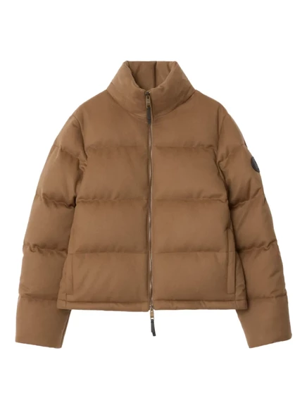Женская пуховая куртка Burberry с воротником-трубой и кожаной нашивкой, коричневая