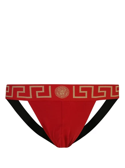 Мужской джокстрэп Versace Greca Border, красно-бежево-черный