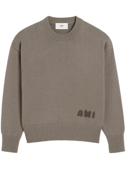 Свитер с круглым вырезом и вышитым логотипом AMI Paris grey