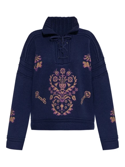 Женский свитер Etro с вышивкой и шнуровкой, синий