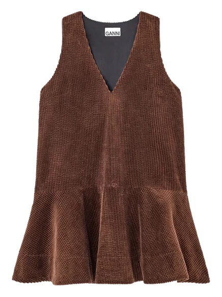 Вельветовое мини-платье GANNI с V-образным вырезом brown