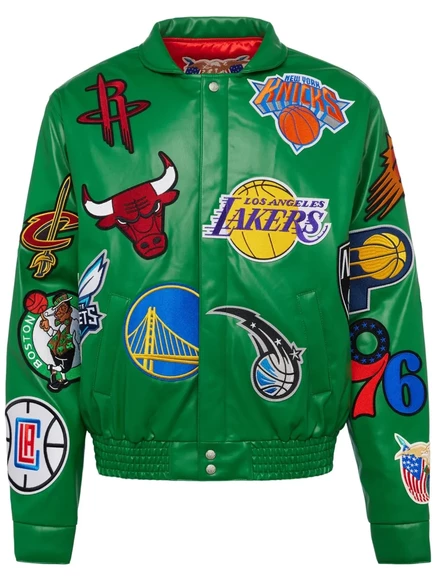 Мужская кожаная куртка Jeff Hamilton x NBA Collage, зеленая