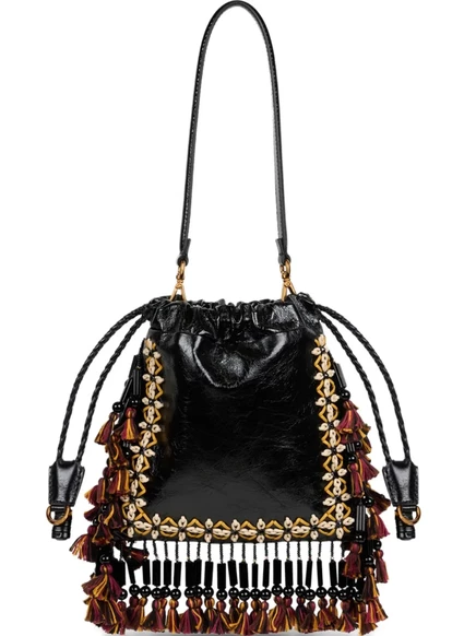 Маленькая кожаная сумка через плечо ETRO Kalispera с бахромой black
