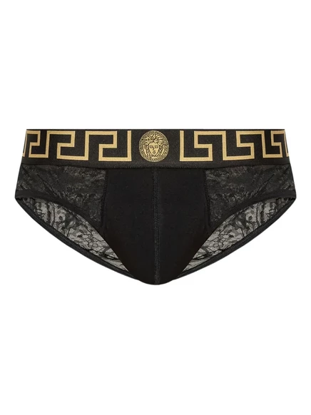 Мужские слипы Versace Grecca с кружевом, черные