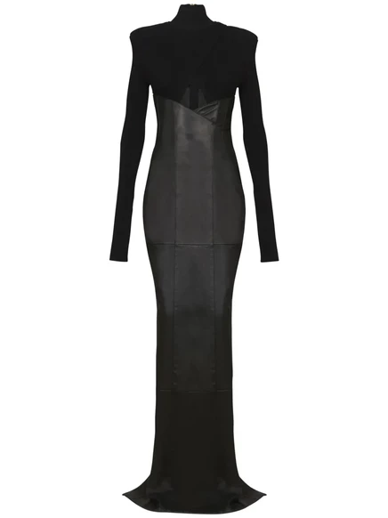 Женское макси-платье Balmain с кожаными панелями, черное