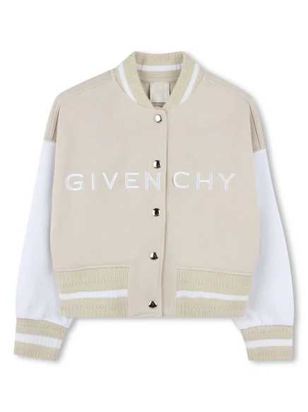 Детская куртка‑бомбер Givenchy Kids с вышитым логотипом из органического хлопка, светло‑бежево‑белая