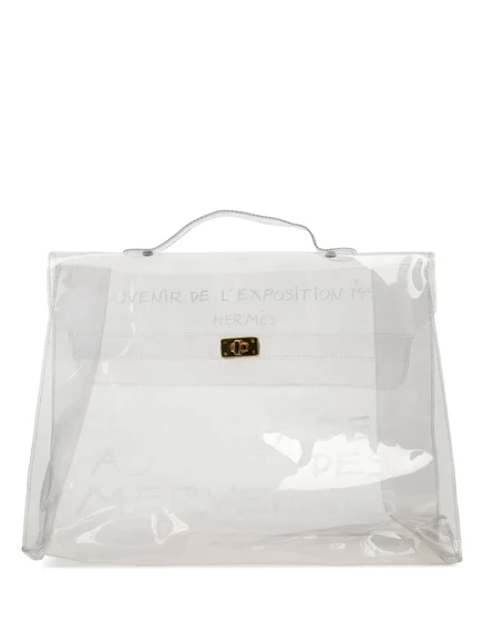 Бывшая в употреблении виниловая сумка Kelly Souvenir De L Exposition от Hermès 1997 года выпуска. white