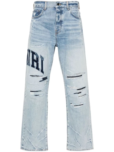 Джинсы прямого кроя со средней посадкой и логотипом AMIRI Varsity с ремонтом blue