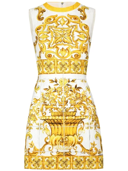 Шелковое мини-платье без рукавов в стиле майолики от Dolce & Gabbana yellow