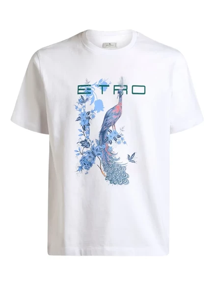 Мужская футболка Etro с павлиньим принтом, белая