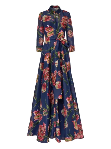 Макси-платье с поясом и тюльпанным принтом Carolina Herrera blue