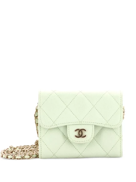 Женский клатч CHANEL Classic Flap на цепочке, зеленый