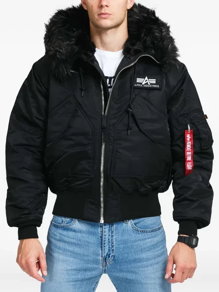 Мужской бомбер Alpha Industries с меховым капюшоном, черный