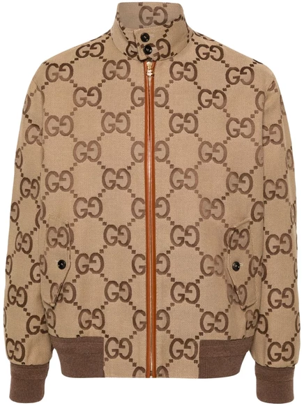 Мужской бомбер Gucci Jumbo GG из хлопкового канваса, бежево-коричневый