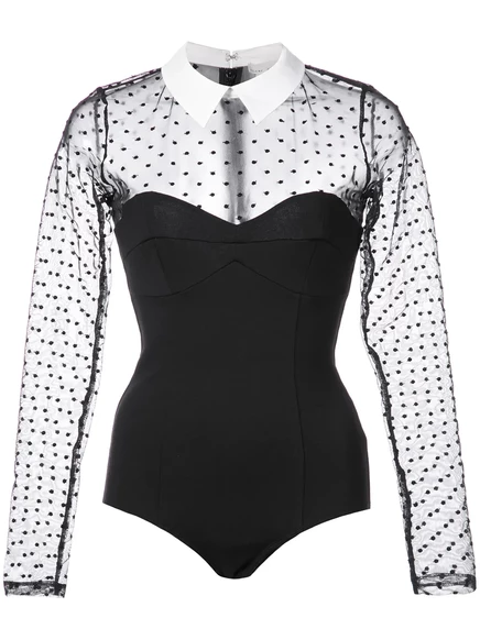 Женское боди Fleur du Mal из тюля в горох с воротником, черное