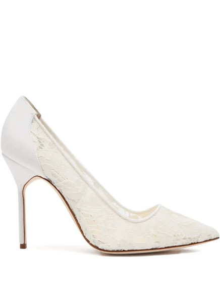 Кружевные туфли-лодочки с острым носком Manolo Blahnik 105 мм Bbla Bride white