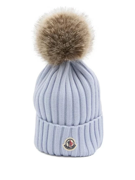 Женская вязаная шапка Moncler, шерсть, помпон, голубая