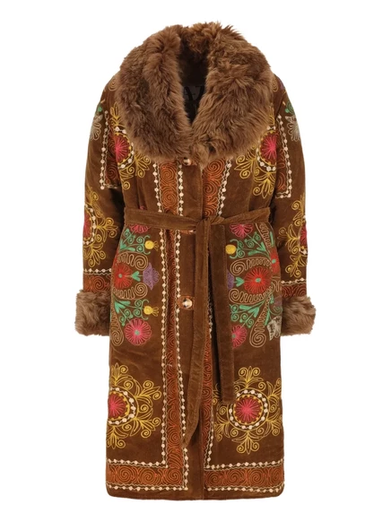 Женское пальто Zazi Vintage с вышивкой и мехом, коричневое
