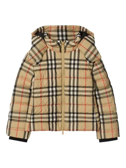 Куртка для девочек Burberry Kids стеганая с капюшоном, бежевая в клетку