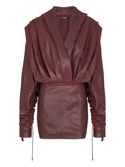 Женское мини-платье Balmain кожаное с капюшоном, красное