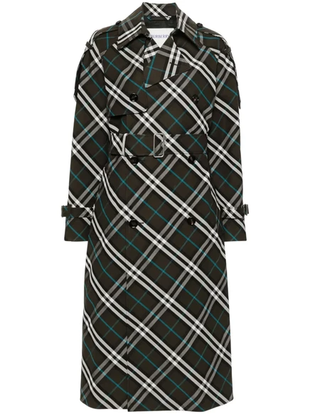 Женское длинное тренч-пальто Burberry в клетку, оливковое