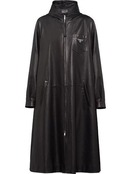 Кожаное пальто-тренч оверсайз от Prada black