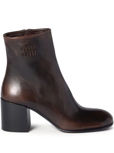 Кожаные сапоги Miu Miu на массивном каблуке brown