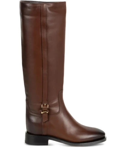 Женские сапоги Santoni кожаные до колена с пряжкой и боковой молнией, коричневые