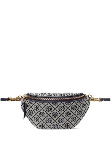 Женская поясная сумка Tory Burch T Monogram жаккард, светло-серая/тёмно-синяя