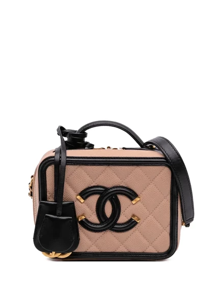 Бывшая в употреблении сумка-футляр CHANEL 2017-2018 Small Caviar CC с филигранной отделкой brown