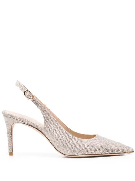 Босоножки-лодочки Stuart Weitzman с люрексом длиной 80 мм, украшенные стропами silver