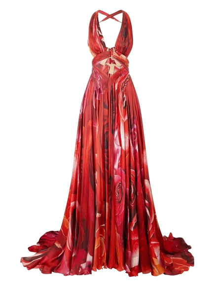 Платье с принтом роз Roberto Cavalli red
