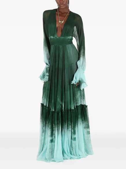 Шелковое платье в стиле ампир с оборками от Roberto Cavalli green