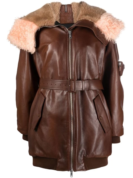 Кожаная куртка Prada с отделкой из овечьей шерсти на молнии brown