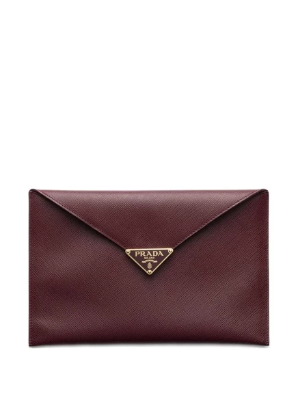 Женский кожаный клатч Prada треугольный логотип, бордовый