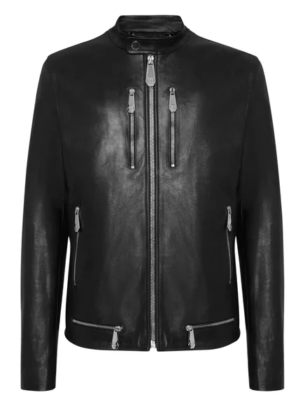 Мужская кожаная куртка Philipp Plein на молнии, черная