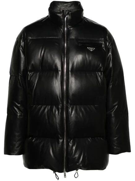 Кожаное пуховое пальто с логотипом Prada и бляшкой black