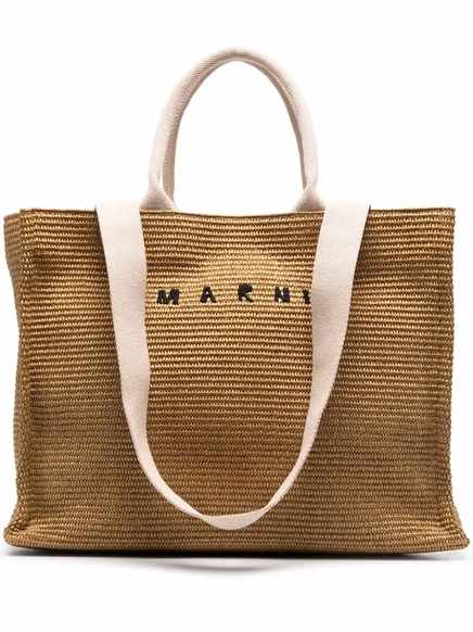 Женская сумка-тоут Marni из рафии с вышитым логотипом, коричневая