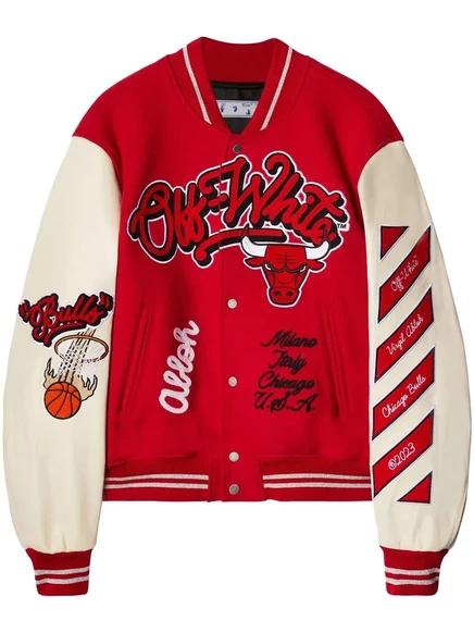 Унисекс куртка Off-White c/o Chicago Bulls варсити, красно-бежевая
