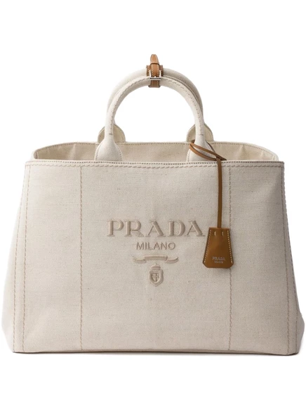 Мужская сумка-тоут Prada с вышитым логотипом, светло-бежевая