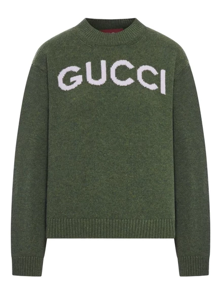 Шерстяной свитер цвета интарсии с логотипом Gucci green