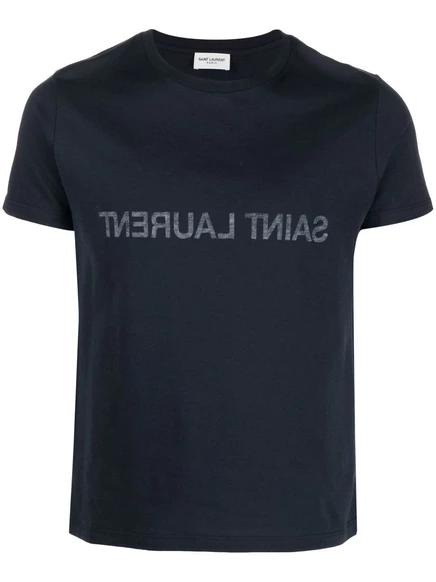 Хлопчатобумажная футболка с обратным принтом с логотипом Saint Laurent blue
